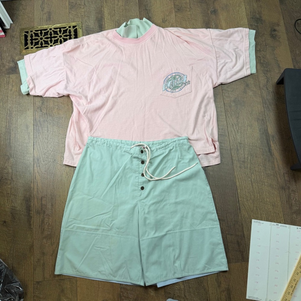 Vintage Camp Beverly Hills Pink Mint 2pc Set Polo Shirt Board Shorts‎ Medium